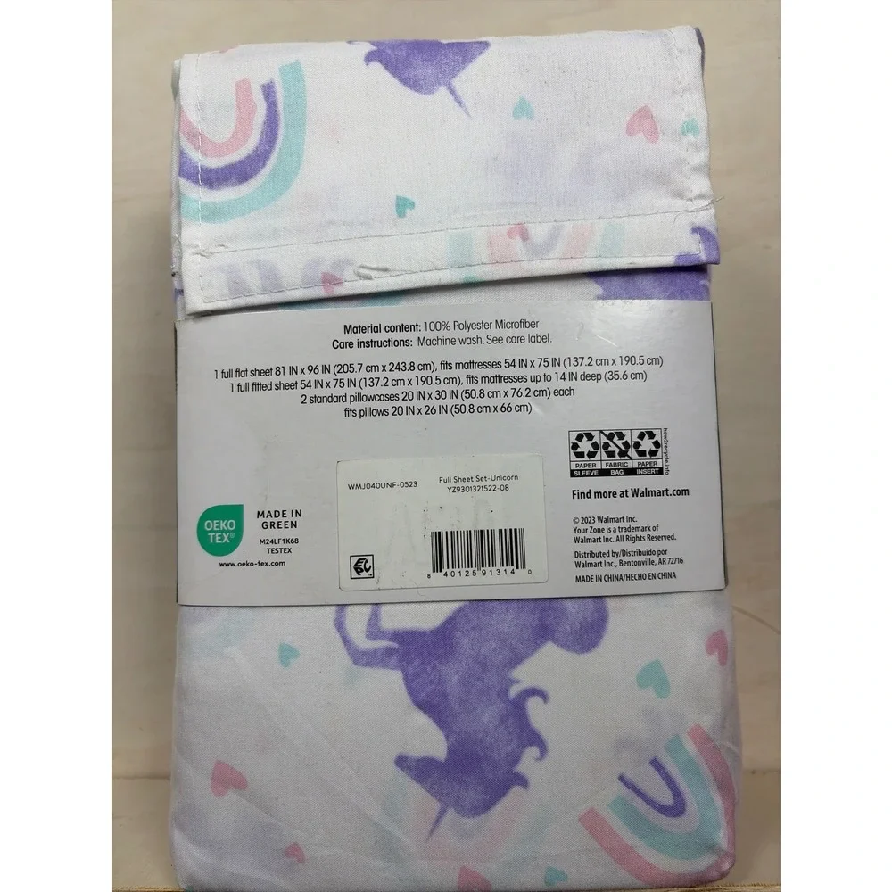 Your Zone Full Sheet Set 4 Piece Microfiber Purple Unicorn Rainbow White New